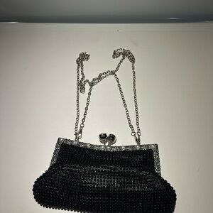 Chic Black Beaded Clutch with Silver Chain